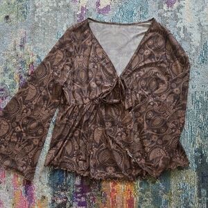 Brown Paisley Wrap Peplum Mesh Bell Sleeve Top With Lettuce Trim & Front Bow